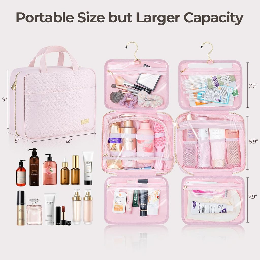 Hanging Travel Toiletry Bag for Women Detachable Toiletry Bag with 6 Compartments Large Makeup Bag Cosmetic Organizer for Bathroom Shower Business Trips Camping, Pink