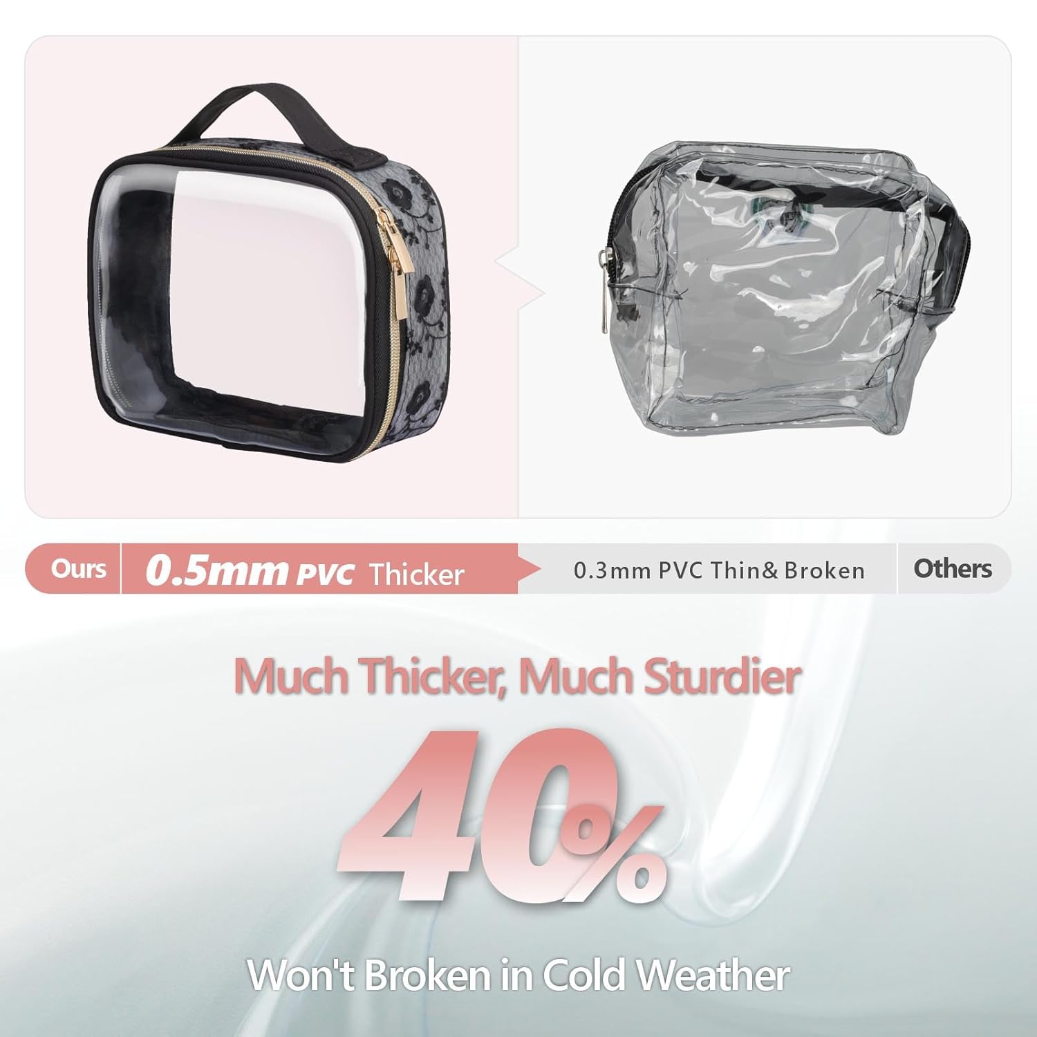 PACKISM Floral Texture Lace TSA Approved Toiletry Bag - 180° Large Opening Clear Makeup Bags in 2 Size, Clear Cosmetic Bags with Handle, 0.5 mm Thick Non-deformable No Smell, Black