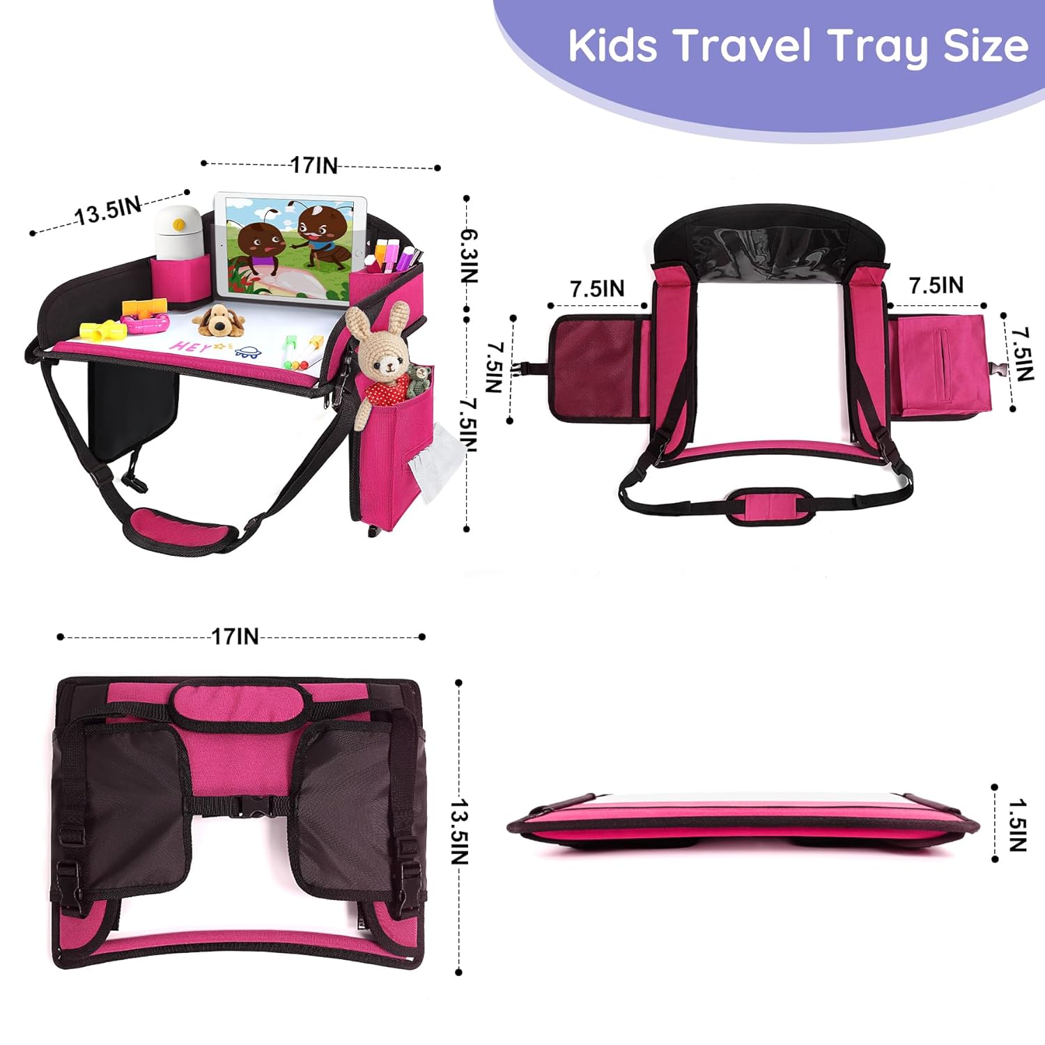 ‎Kids Travel Tray, Kids Travel Trays for Car Seat, Road Trip Essentials for Toddler, Carseat Lap Tray with Dry Erase Board & Storage Organizer for Road Trip Activities for Kid, Pink