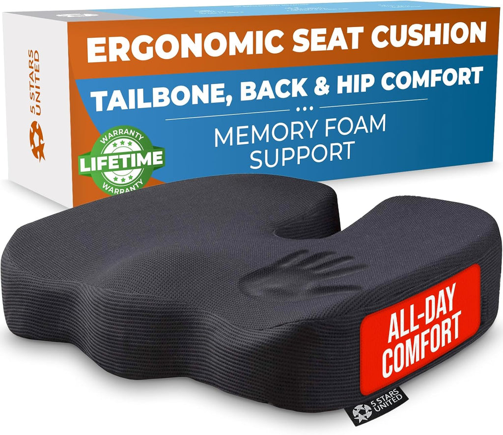 Seat Cushion for Office Chairs - Fits 18"x14" Seats, Tailbone, Coccyx Pain Relief - Butt, Pressure & Sciatica Relief - Gaming, Wheelchair, Car & Desk Pillow, Black