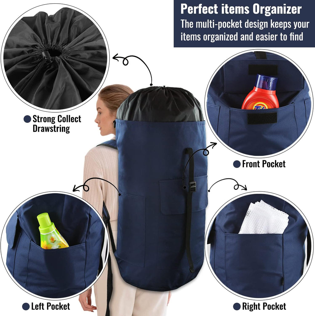 Laundry Bag Backpack, 125L Extra Large Travel Laundry Bags with Shoulder Straps, Adjustable & Extendable Design, Laundry Hamper Bag with 3 Pockets for Laundromat, College, Travel, Camping