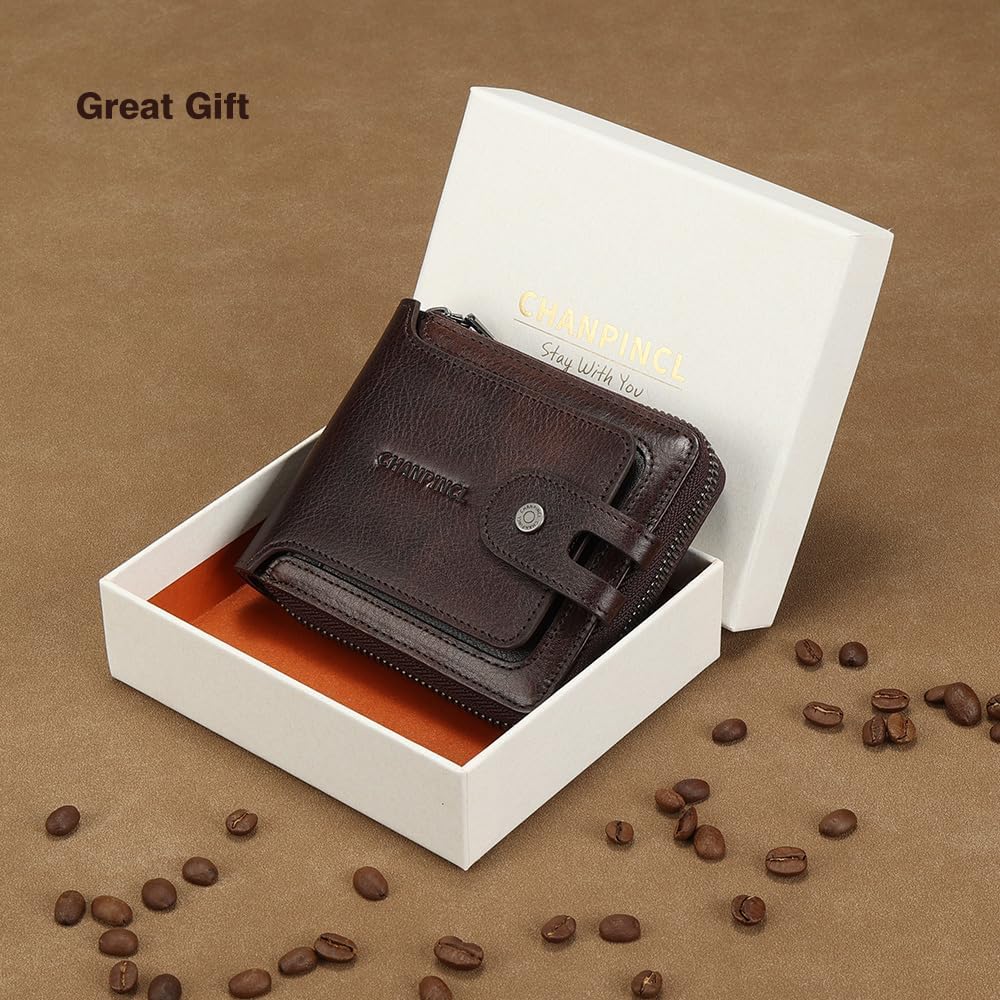 Men's brand buckle driver's license zipper genuine leather wallet, large capacity, multifunctional coin pocket (Coffee)