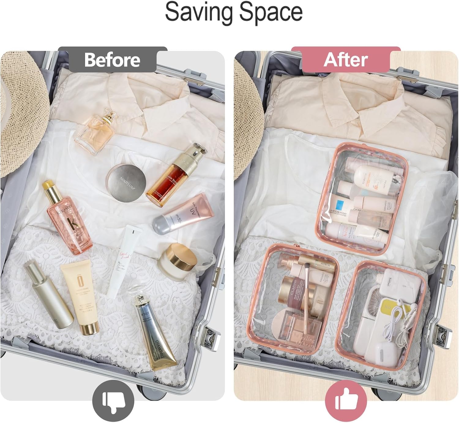 PACKISM TSA Approved Toiletry Bag - Clear Makeup Bags in 2 Size, Durable with Supporting Frame, Perfect for Travel Essentials, Carry-on Airport Airline Compliant Bag, Rose Pink
