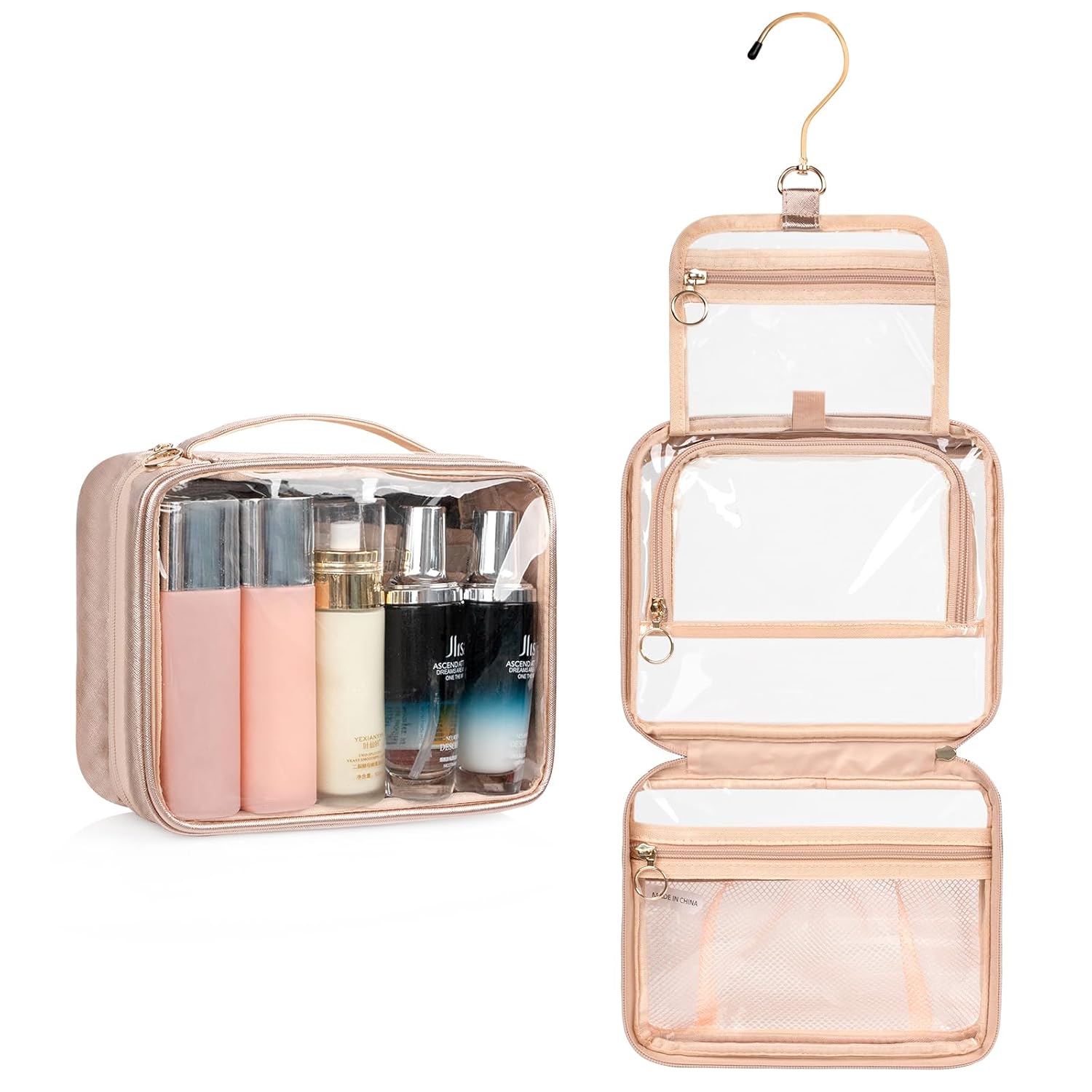 CUBETASTIC Toiletry Bag for Women, Clear Hanging Travel Toiletries Bag, Portable Makeup Bag Transparent Cosmetic Case with Handle, Traveling Make Up Organizer