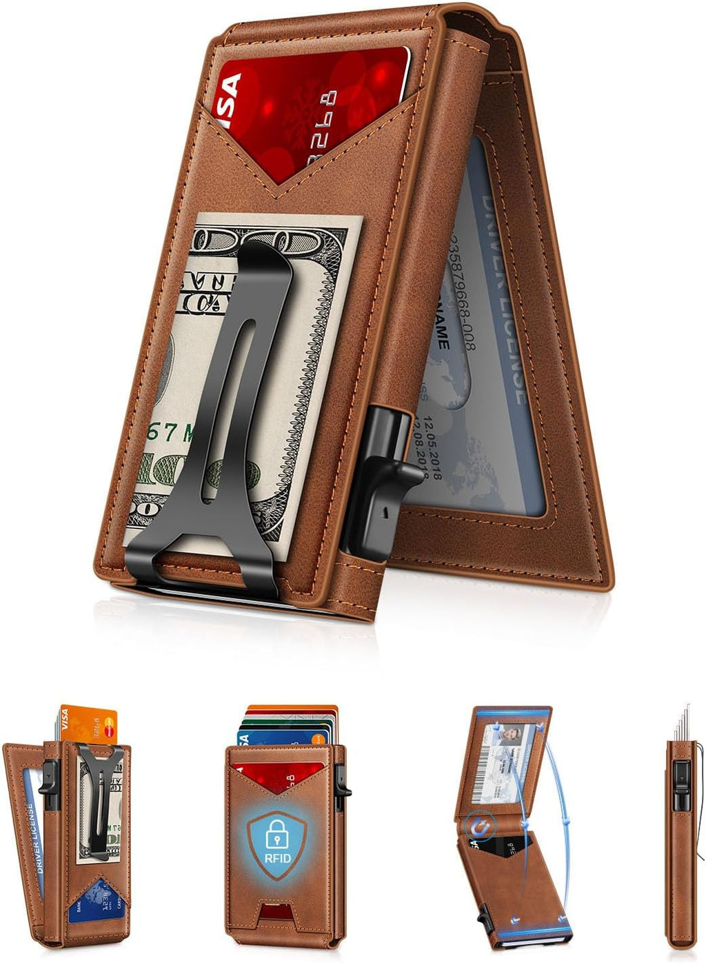 Wallet for Men RFID Wallet with Money Clip, Slim Pop Up Card Holder for 10-12 Cards, Minimalist Smart Credit Card Case with ID Window, Bifold Metal Wallet for Front Pocket, Gifts for Men