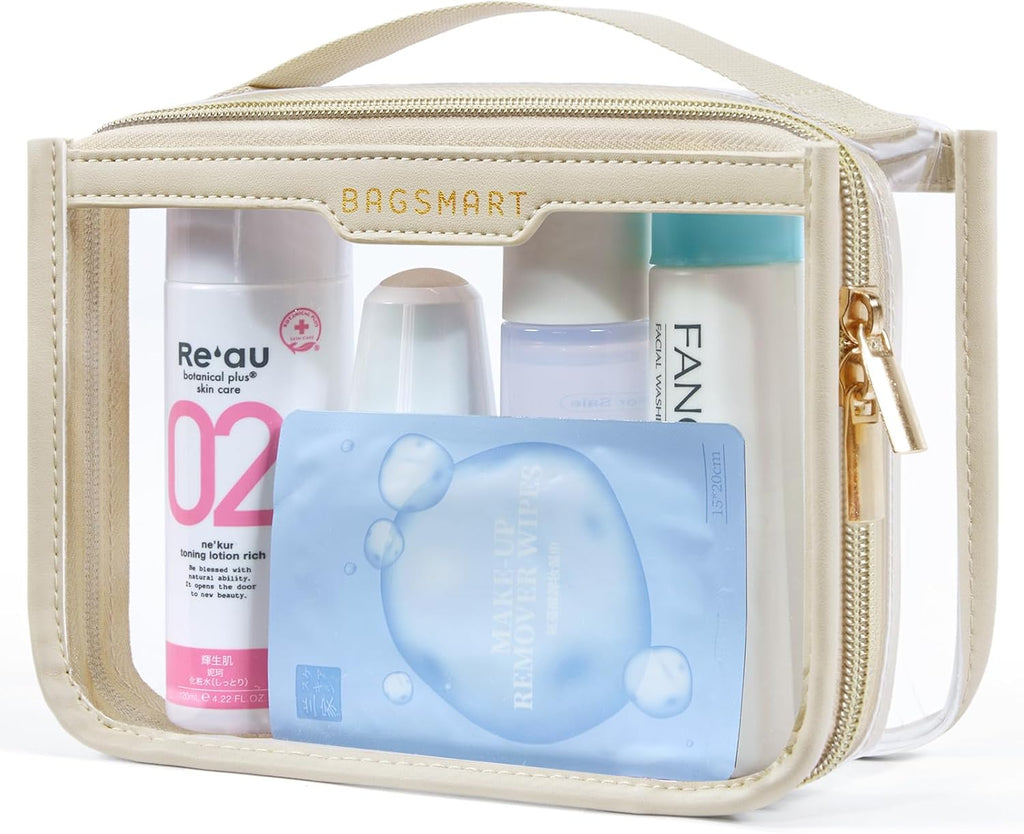 BAGSMART Clear Makeup Bag, TSA Approved Toiletry Bag, Makeup Cosmetic Pouch Bag for Women Quart Size Compliant Bag Organizer for Travel Essentials (Khaki,Pack of 1)