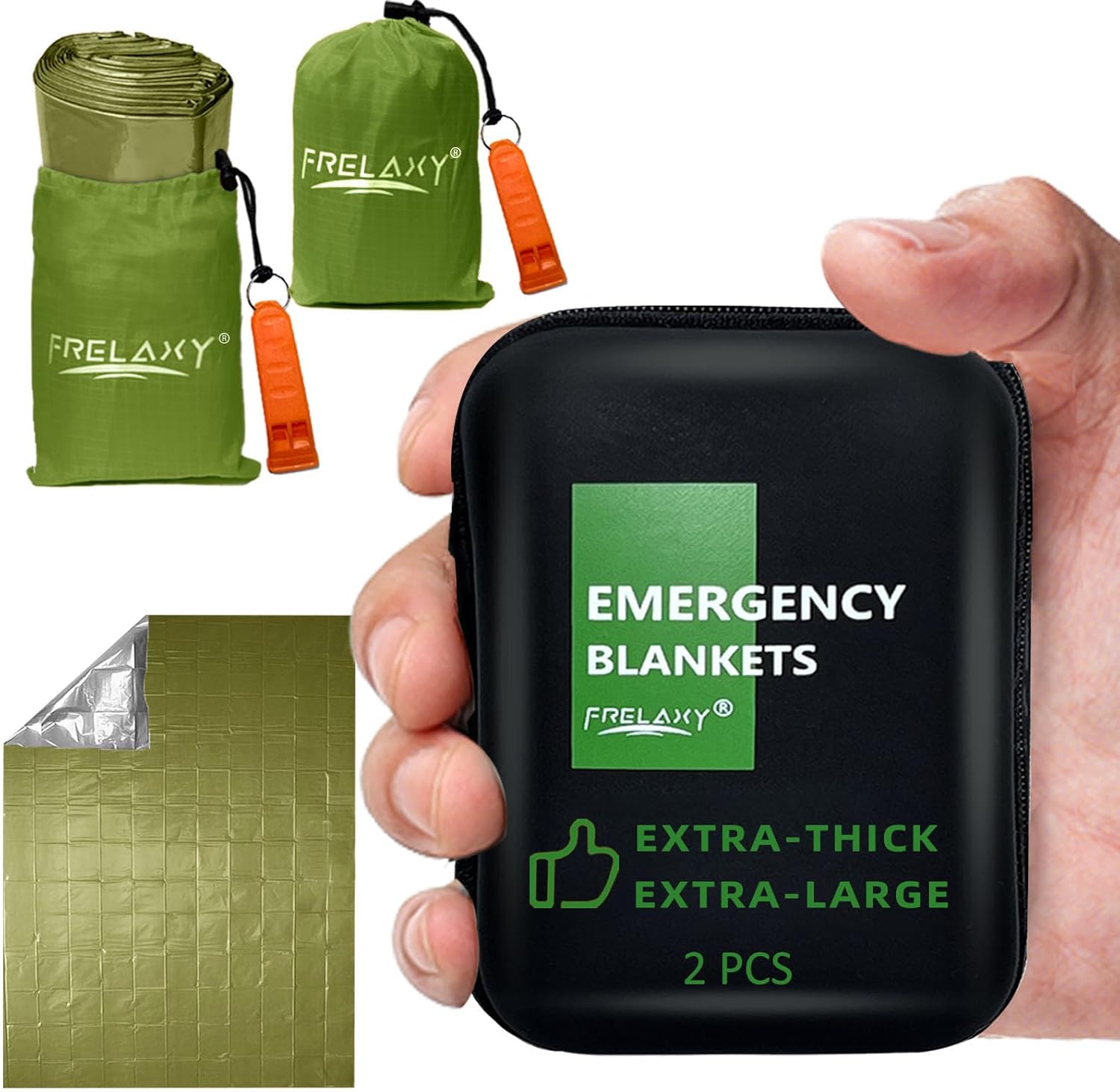 Frelaxy Emergency Blanket 2-Pack/4-Pack, Extra-Thick Extra-Large Space Blankets with Whistles, Storage Pouchs, and EVA case