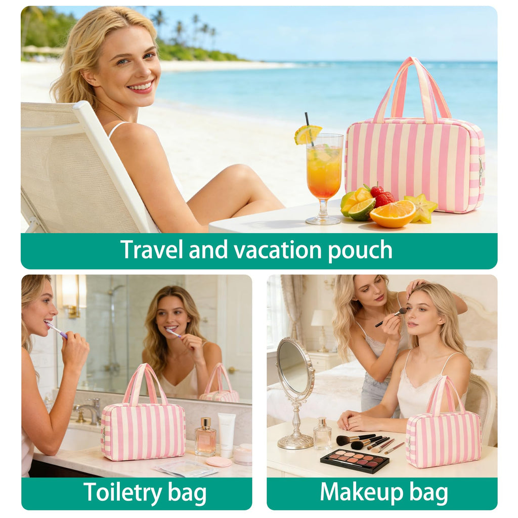 Apxouans Toiletry Bag for Women Travel Water-resistant Cosmetic Bag Fashion Stripes Makeup Bag with Hanging Hook Preppy for Store Toiletries Cosmetic Accessories Large Capacity Pink