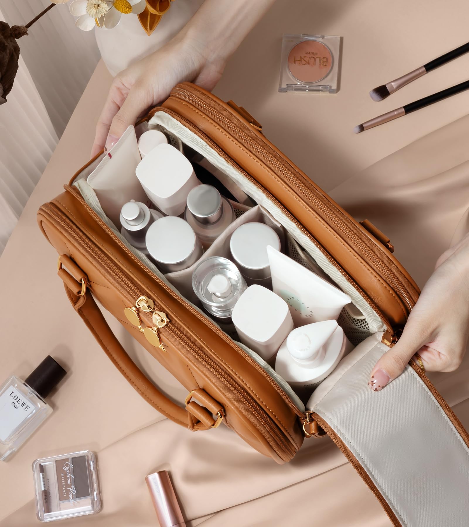 Bagstellar Travel Makeup Bag, Large Capacity Quilted Toiletry Bag for Women Stand-up Cosmetic Bag Open Flat Make Up Case Organizer Portable Pouch Purse w/Handle for Traveling Accessories Beige Floral