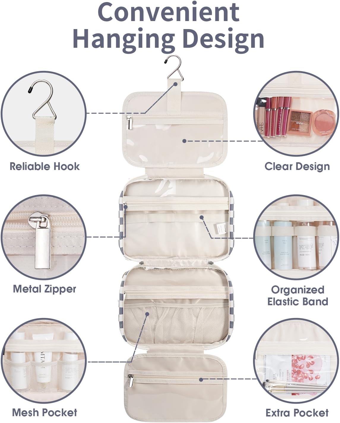 Narwey Hanging Toiletry Bag for Women Travel Makeup Bag Organizer Toiletries Bag for Travel Size Essentials Accessories Cosmetics (Grayish Blue Checkerboard (Medium))