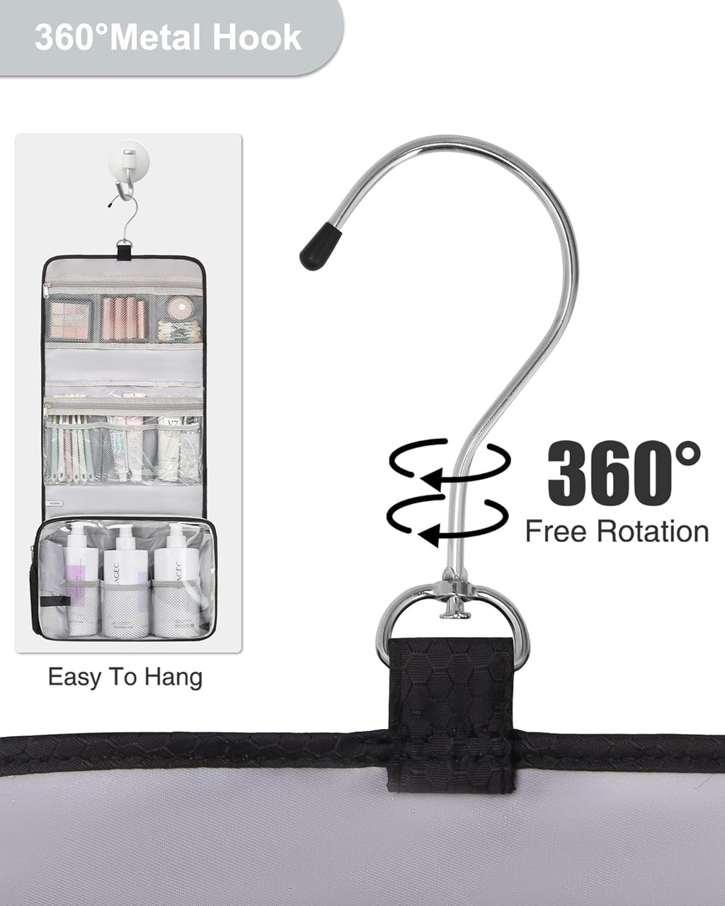 Relavel Hanging Toiletry Bag with Shoes Pocket, 360° Hook Travel Cosmetic Organizer, Waterproof, Multi-function for Makeup and Toiletries, Portable Storage Bag for Gym, Camping, Travel - Black