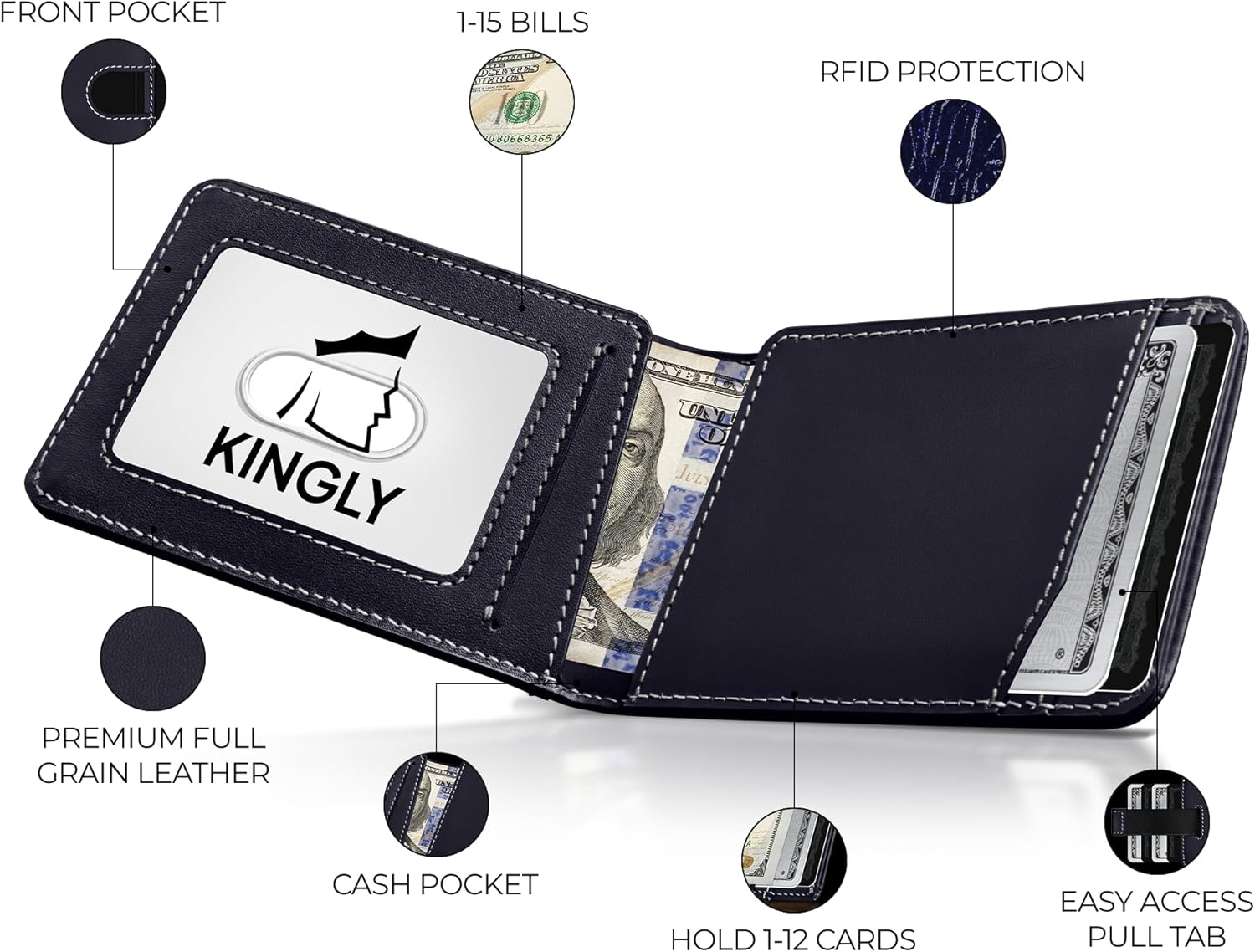Kingly Cash Pocket Slim Wallet for Men - RFID Blocking Leather Card Holder - Minimalist Men’s Wallet for Front Pockets - Holds 1-15 Cards & Cash - Durable Italian Leather Wallets