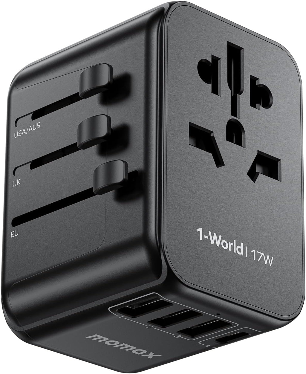MOMAX European Travel Plug Adapter, Worldwide All in One Travel Adapter, International Power Adapter Wall Charger with 3 USB A and 1USB C Charging Ports for Travel Essentials (Type C/G/A/I)