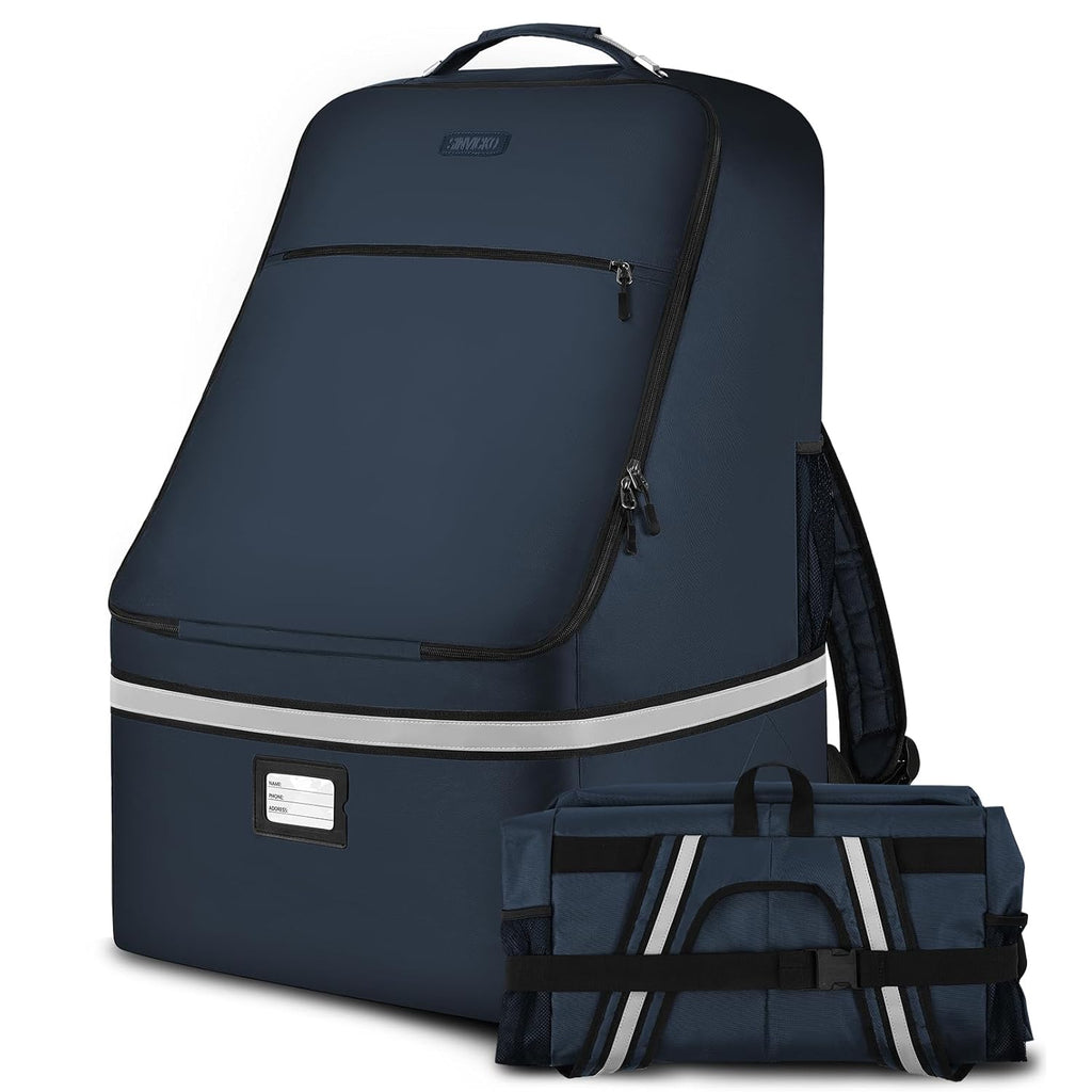 Car Seat Travel Bag - Padded Car Seat Carrier with Steel Cable Handle and Reflective Stripes, Large Durable Airport Gate Check Bag, Blue