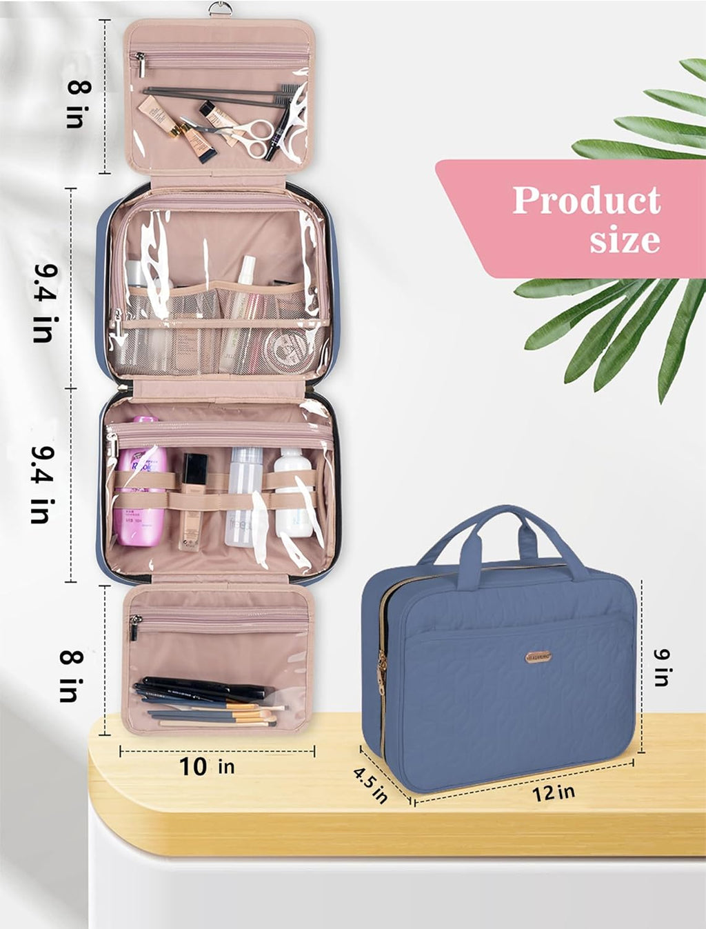 Blue Toiletry Bag, Makeup Organizer, Travel Bag For Women Mens Toiletries, Waterproof with Hanging Hook, Large Capacity