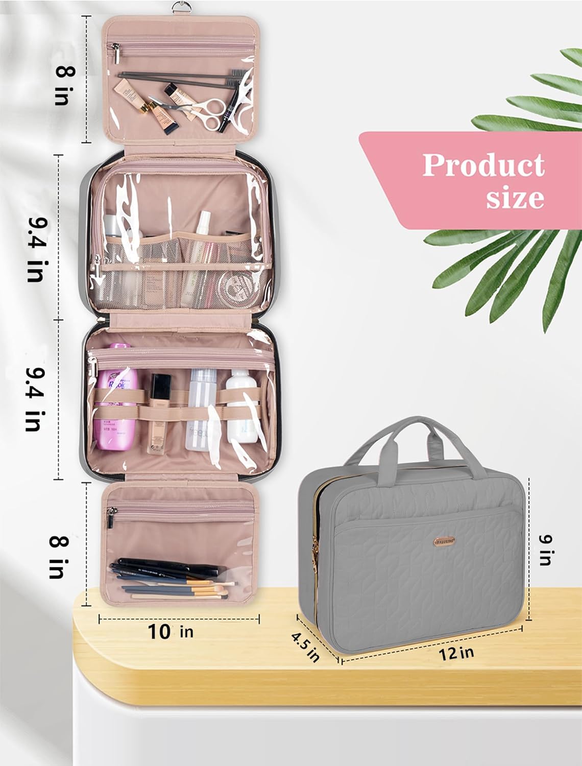 Grey Toiletry Bag, Makeup Organizer, Travel Bag For Women Mens Toiletries, Waterproof with Hanging Hook, Large Capacity