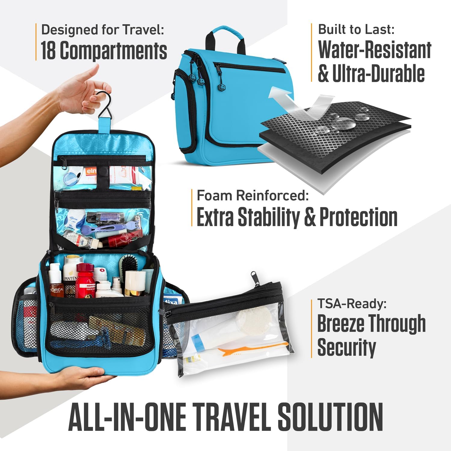 VENTURE 4TH Hanging Travel Toiletry Bag for Women & Men - Travel Organizer with Expandable Compartments & Removable Clear Pouch for Toiletries (Light Blue)