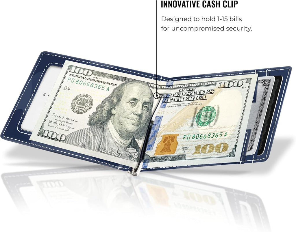 Kings Loot Money Clip Slim Minimalist Wallet for Men | RFID Blocking Leather Design with Money Clip | Front Pocket Bifold Holds 12 Cards | Stylish & Compact Wallets (Camo Blue)