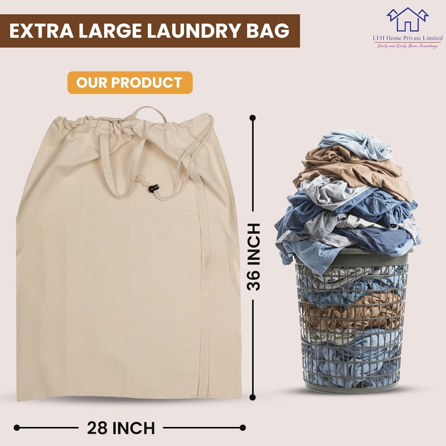 LFH Home Large Premium 100% Cotton Canvas Laundry Bag with Drawstring and Handles Heavy Duty, Multi-Use, and Washable for Home, Travel, College or Storage 28x36 (Pack of 2)-Natural