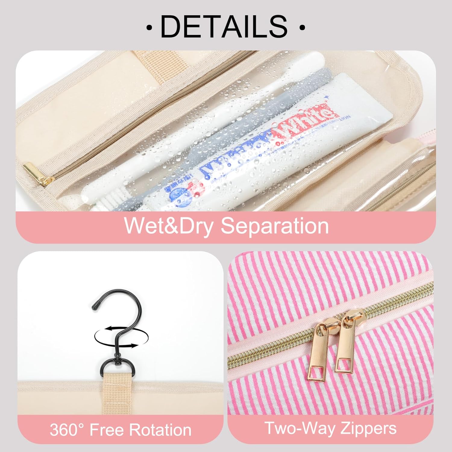 TOPEAST Travel Toiletry Bag Makeup Bag - Hanging Toiletry Bag for Women, Portable Toiletries Travel Bag and Cosmetic Bag, Airplane Travel Essentials Travel Toiletry Bag - Letter J, Pink