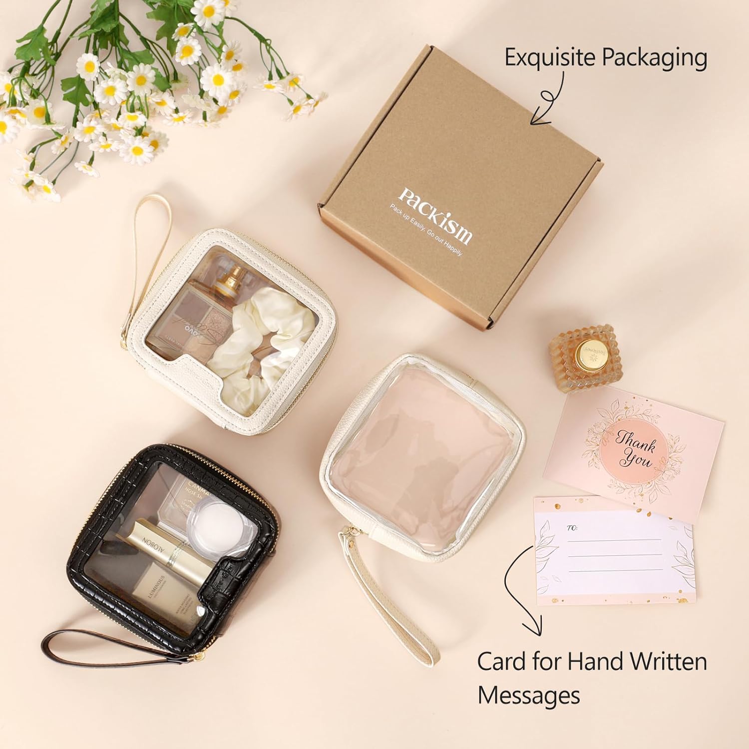 PACKISM Small Clear Makeup Bag - PU Leather Clear Travel Bags for Toiletries Mini Makeup Bag for Purse, Portable Cosmetic Bag Car Bag for Essentials for Women Gift Daily Use (Beige Mini)