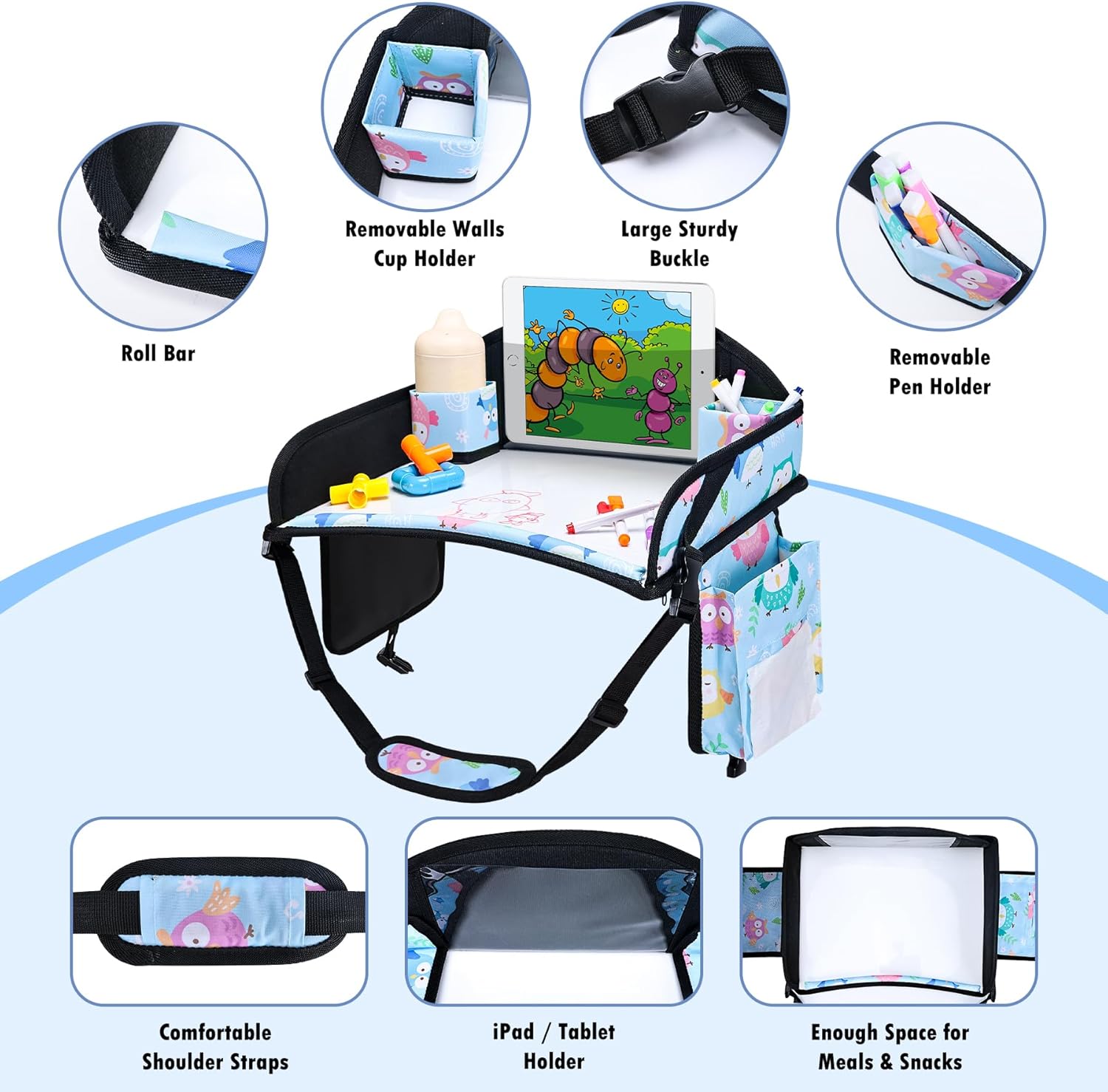 Kids Travel Tray, Travel Tray for Kids Car Seat, Toddler Car Seat Lap Tray, Carseat Tray for Kids Travel, Carseat Table Tray for Kids Travel Activities (Blue)