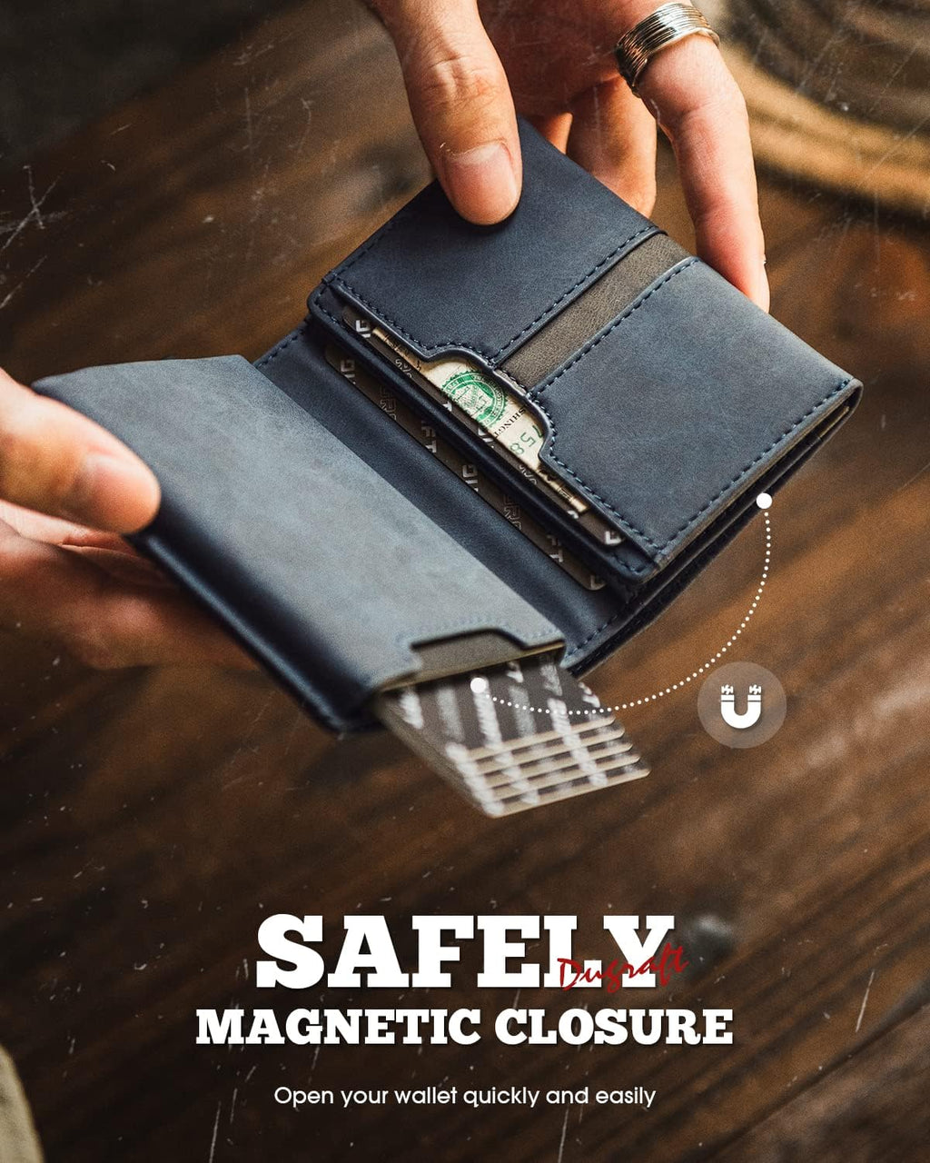 DUGRAFT Card Holder Wallet with ID Window, Leather Mens RFID Blocking Minimalist Pop-Up Wallet Aluminum Metal Credit Card Case with Banknote Compartment