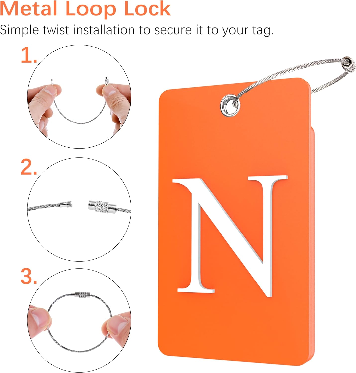Gostwo 2 Pack Luggage Tags for Suitcases, 26 Initial Letter Travel Luggage Baggage Identification Labels ID Tag Fully Bendable Tags with Stainless Steel Loop (Orange) (Letter N)