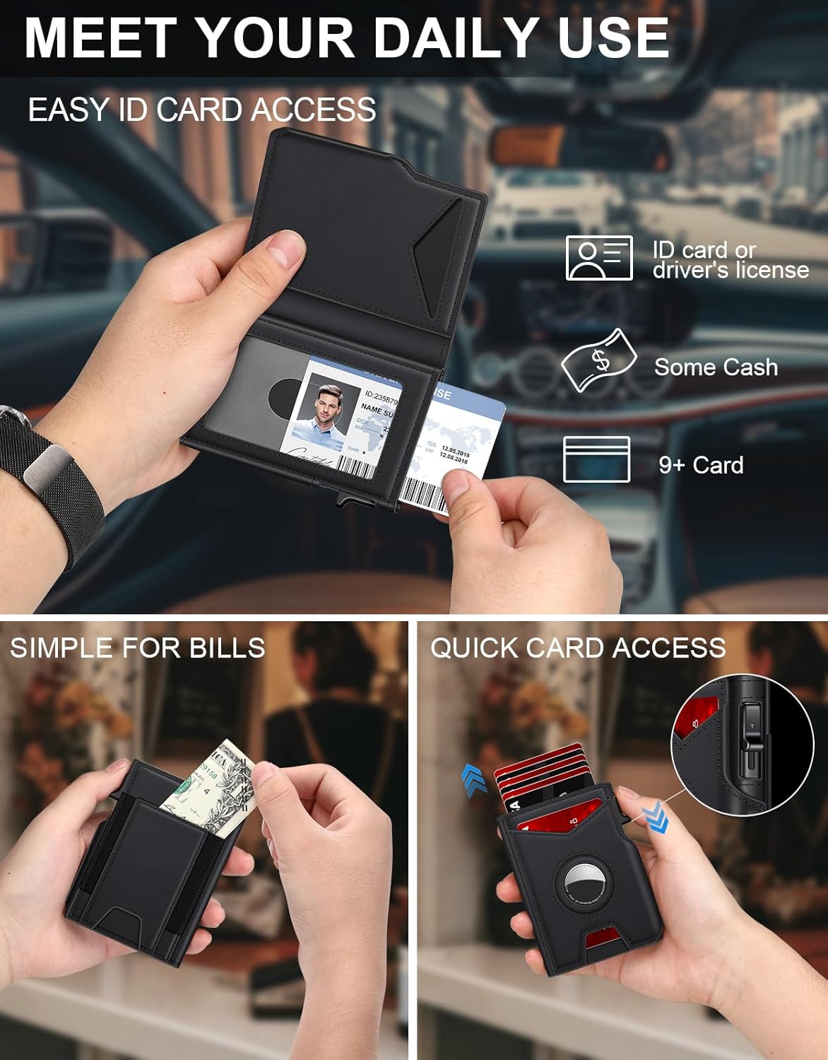 Airtag Wallet for Men, Minimalist Slim Mens Wallet Smart Pop Up Credit Card Holder for 9-13 Cards, RFID Blocking Wallet with ID Window & Cash Slot, Compact Bifold Metal Aluminum Card Case