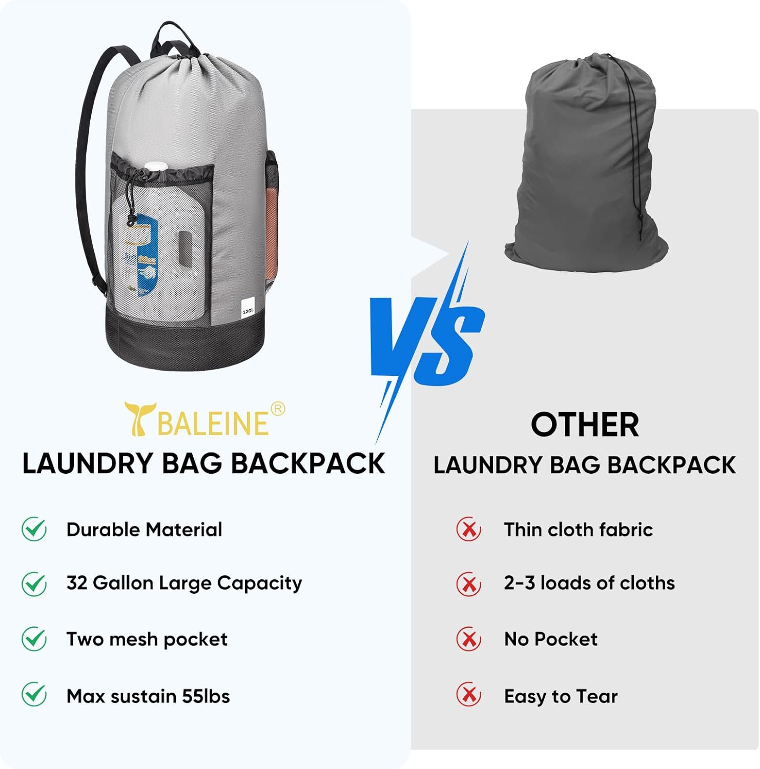 BALEINE 120L Laundry Bag Backpack, 900D Oxford Fabric Large Travel Laundry Bags with Shoulder Straps and 2 Mesh Pockets for College Dorm, Apartment, Laundromat (Gray, 120L)