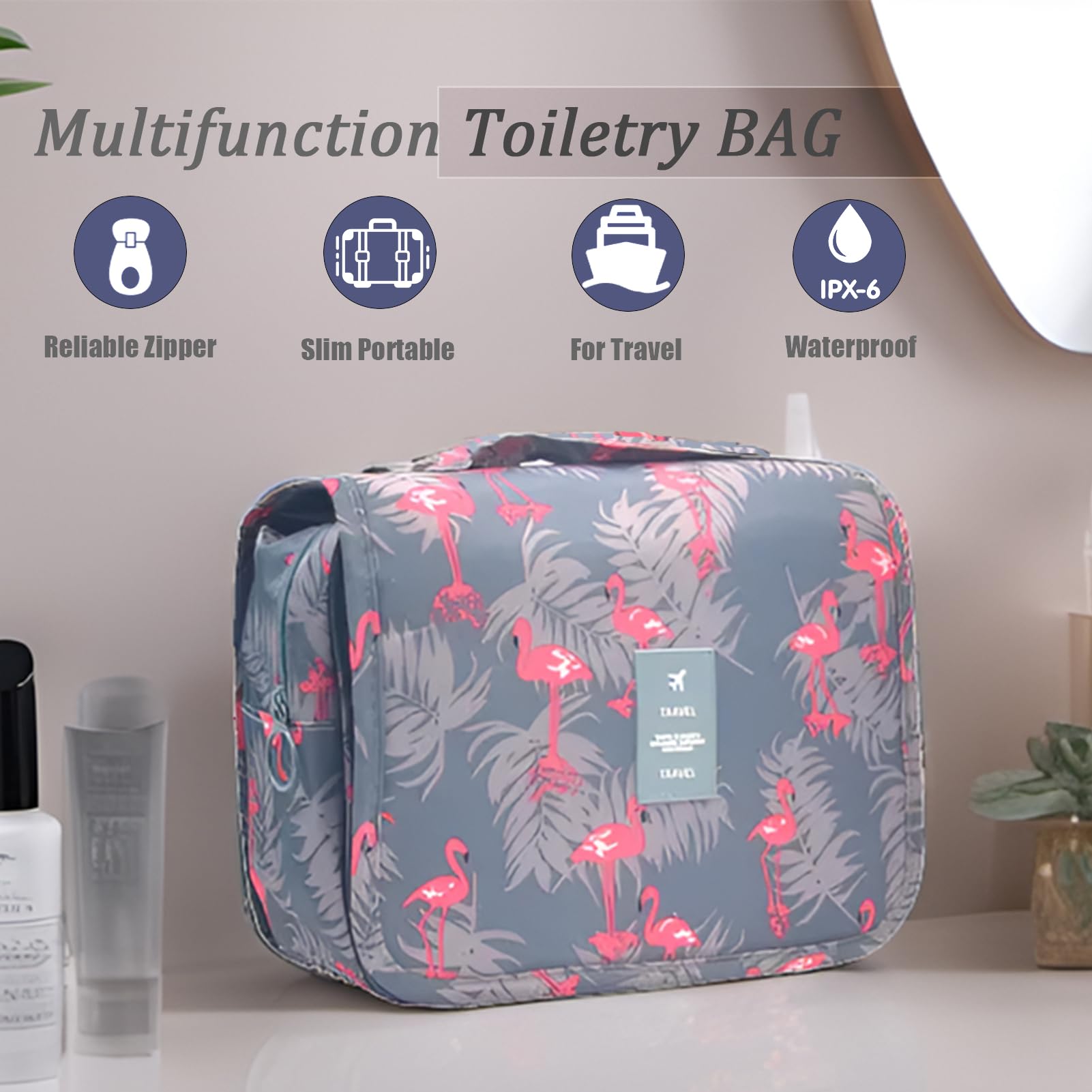 L & FY Hanging Travel Toiletry Bag Women's Cosmetic Organizer Makeup Pouch Men's Shaving Kits With Handle (Pink Flamingo)