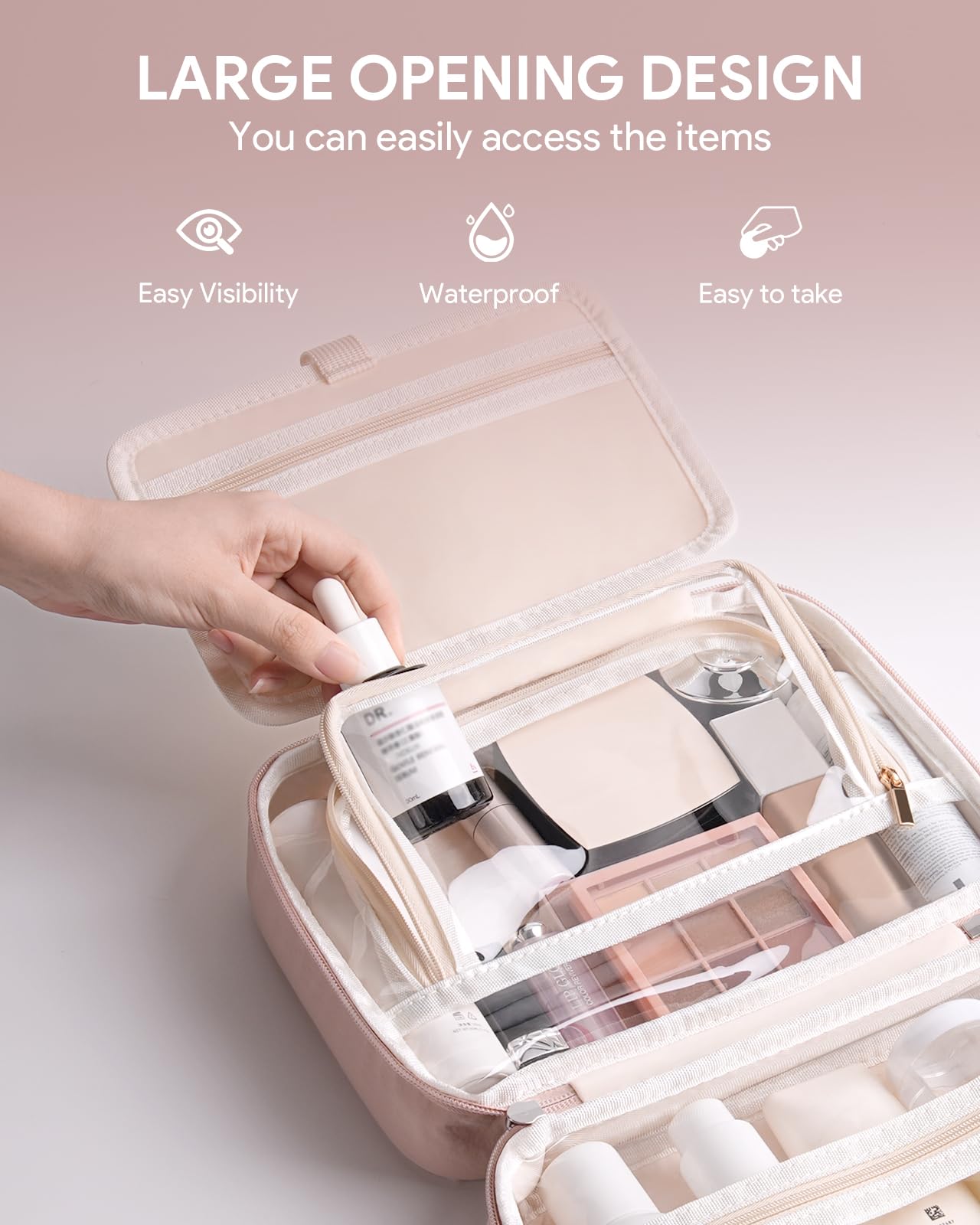 Lotour Travel Toiletry Bag for Women with Travel Size Silicone Containers Set, Hanging Toiletry Bag for toiletries, Cosmetic Bag Travel Organizer (Pink)