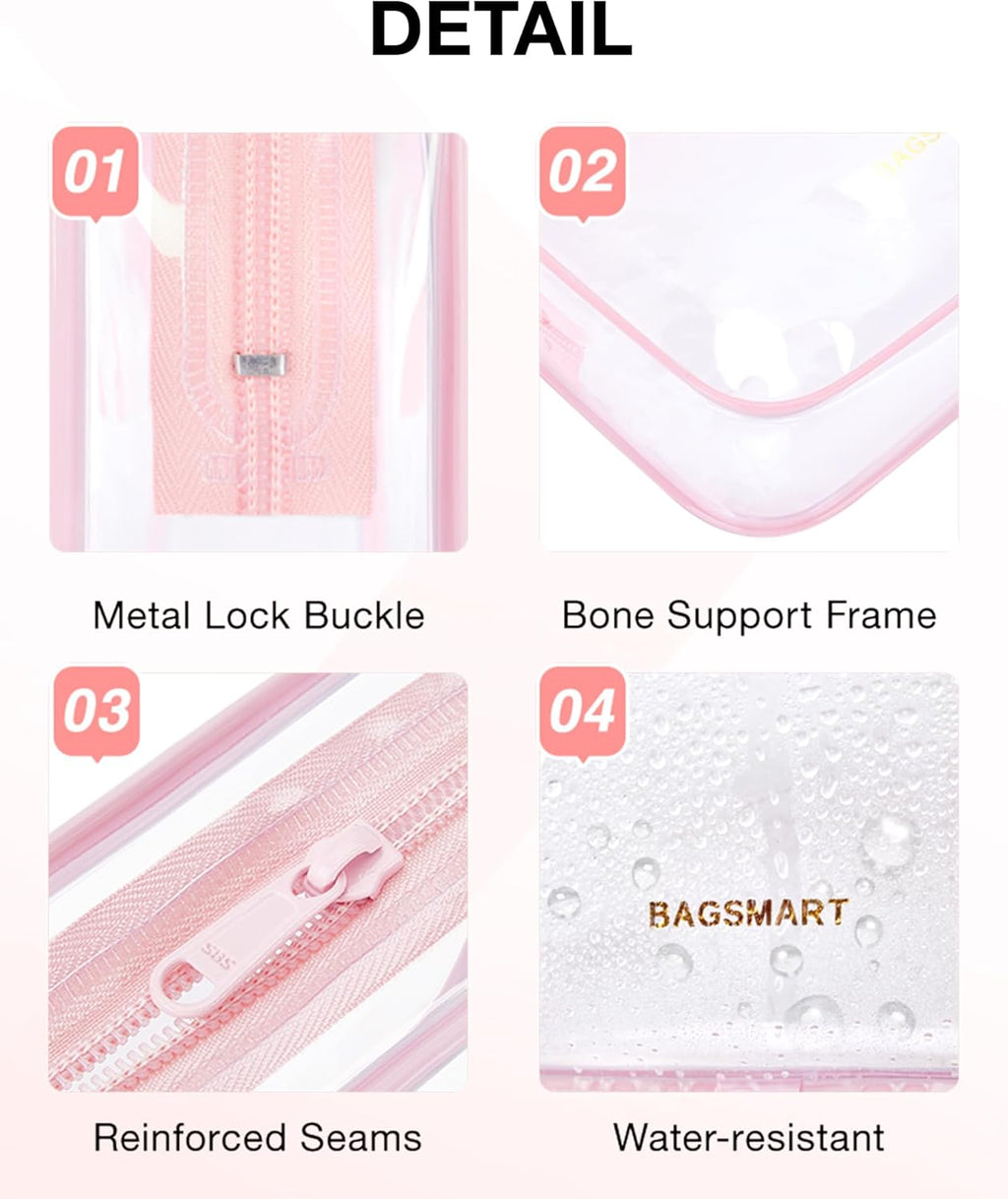 BAGSMART Clear Toiletry Bag, 2 Packs TSA Approved Water Resistant Quart Size Travel Organizer, 2 Sizes Airport Airline Travel Essential Carry On Makeup Cosmetic Bags for Women, Pink