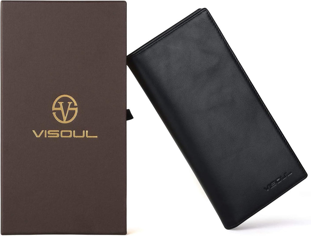 VISOUL Mens Leather Long Checkbook Bifold Wallets with RFID Blocking, Breast Pocket Tall Billfold Secretary Wallet for Men with Card Slots (Black)
