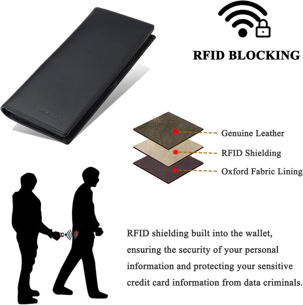 VISOUL Mens Leather Long Checkbook Bifold Wallets with RFID Blocking, Breast Pocket Tall Billfold Secretary Wallet for Men with Card Slots (Black)