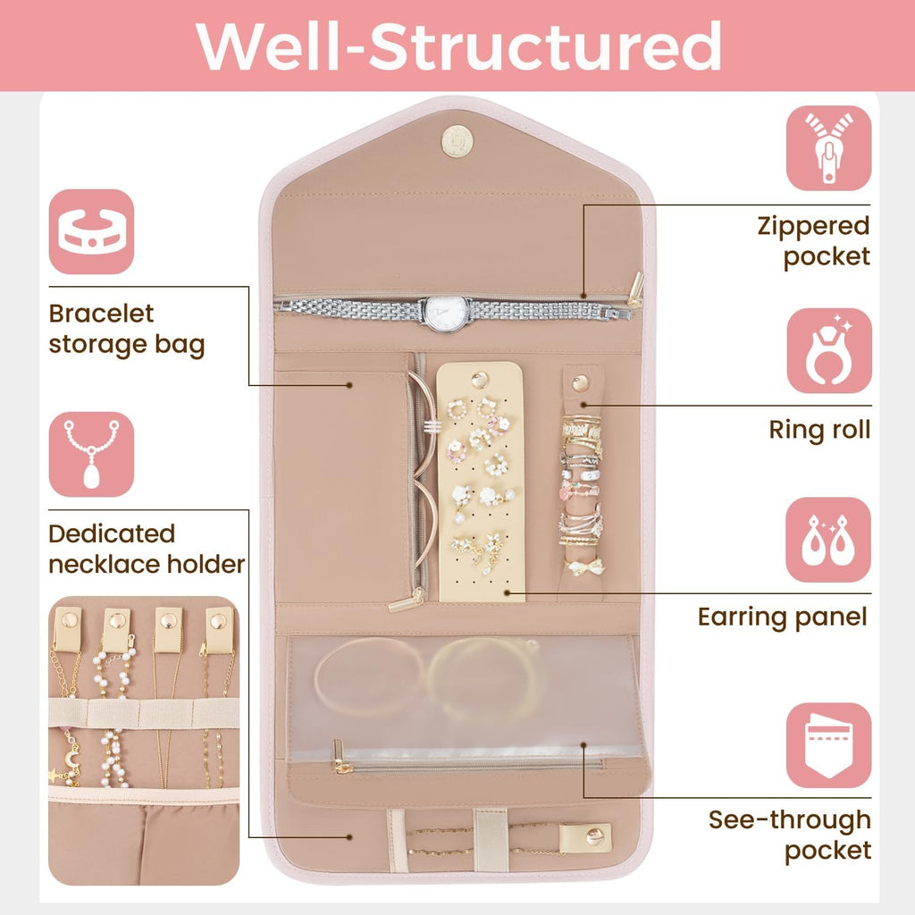 BAGAIL Hanging Toiletry Bag for Women Water-resistant Cosmetic Bag Large Capacity Travel Makeup Organizer for Full-Sized Travel Essentials(Classic+Jewelry Bag, Pink)