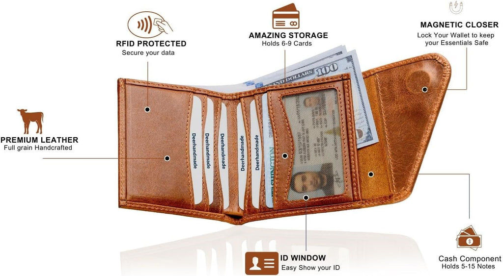 Leather RFID Wallet for Men, Slim Leather Mens Wallet, Handcraft Men's Wallets, Card Cases & Money Organizers, Magnetic Closure Sleek RFID Blocking Thin Mens Wallets with 9-12 Card Slots & Gift Box