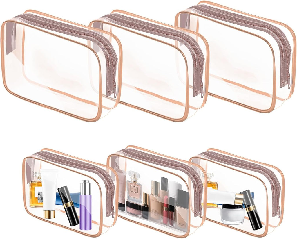 AURUZA 6 Pack Travel Toiletry Bag, Clear Makeup Bag, TSA Approved Cosmetic Bag with Zipper, Clear Organizer Carry on Bag for Women, PVC Cosmetic Pouch (Rose Pink, 6 Packs)