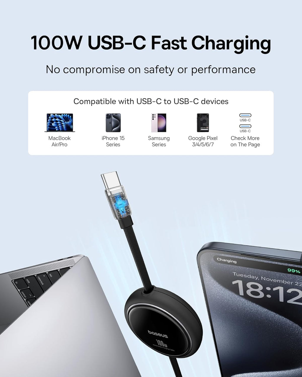 Baseus 70W Universal Travel Adapter and Baseus 100W Retractable USB C Cable