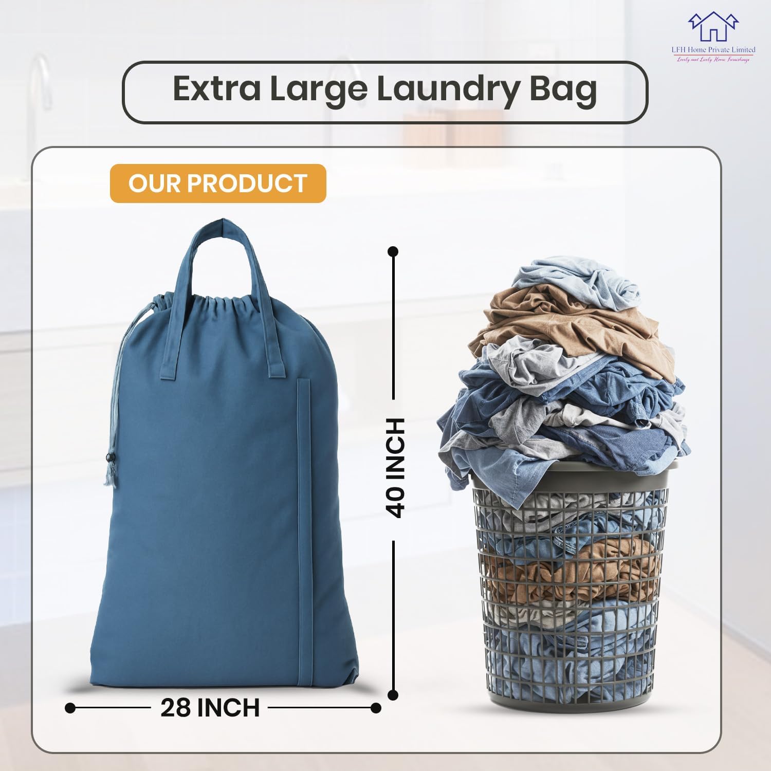 LFH Home Cotton Canvas Large Laundry Bag with Handle, Heavy Duty Drawstring Closure Washable Laundry Bags, School Travel, Home, Hotel, College Dorm, Organizer Sack, Toys Clothes 28x40-Sky Blue