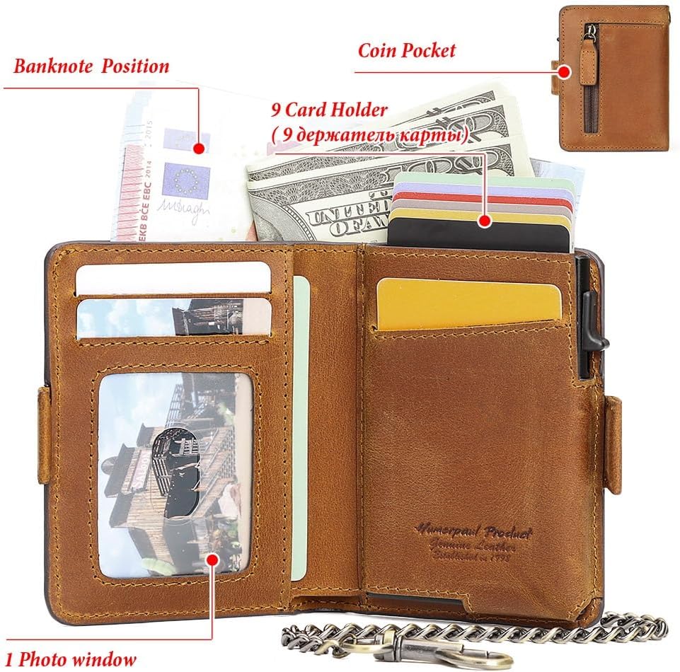 Mens Wallet Card Holder: Pop Up Aluminum Case, Genuine Leather, Smart, RFID Blocking, Slim, Minimalist, Front Pocket - 9-12Capacity (Brown)