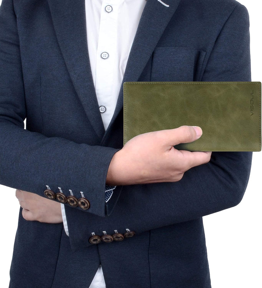 VISOUL Mens Long Bifold Checkbook Wallets Genuine Leather, Tall Checkbook RFID Wallets with Multi Card Pocket for Men (Olive Green)