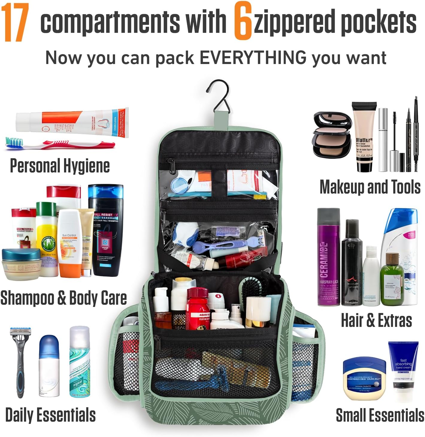 VENTURE 4TH Hanging Travel Toiletry Bag for Women & Men - Travel Organizer with Expandable Compartments & Removable Clear Pouch for Toiletries (Green Leaves)