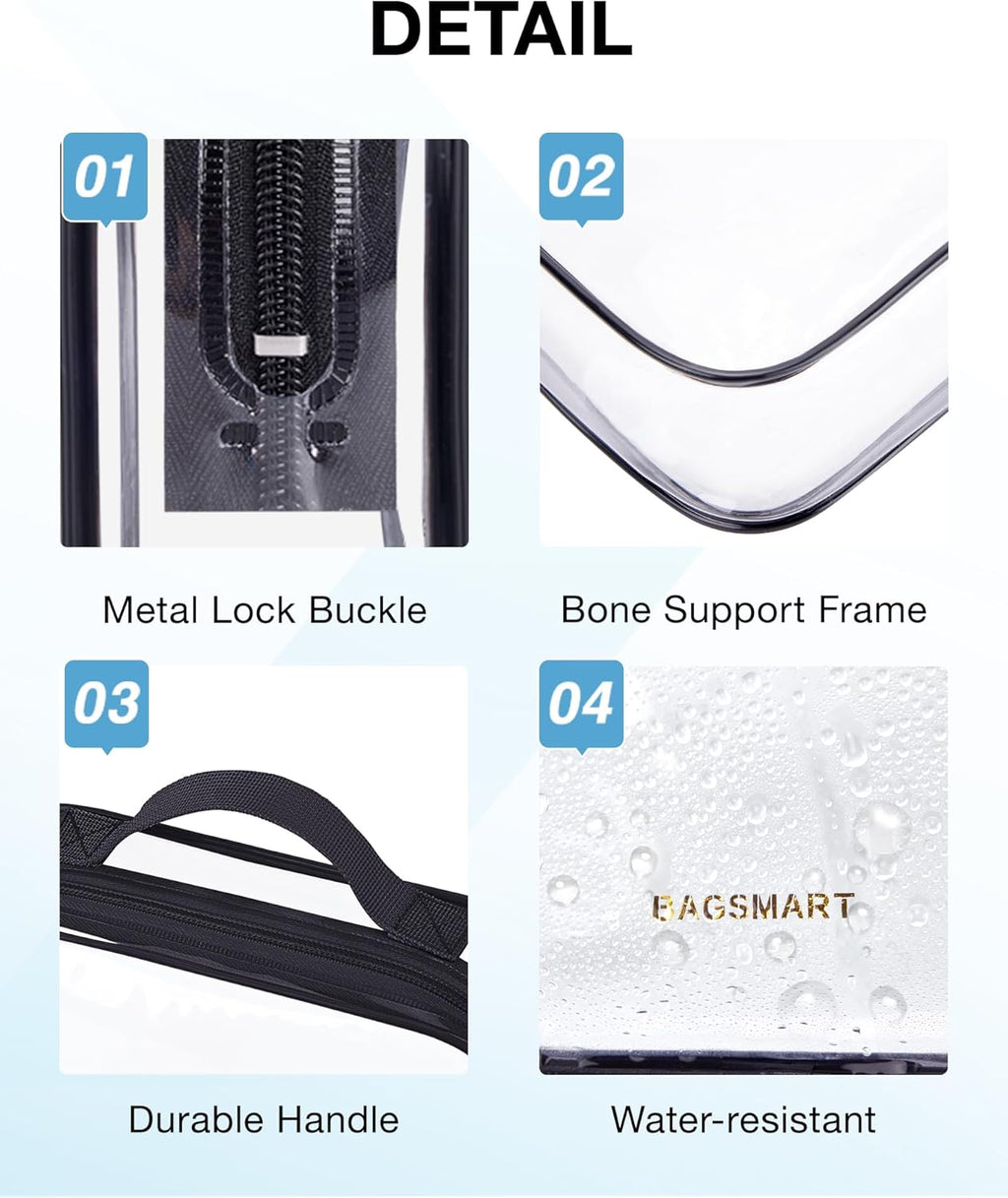 BAGSMART TSA Approved Clear Toiletry Bag, 2 Packs Quart Size Water Resistant Makeup Cosmetic Bags for Women, Airport Airline Travel Essential Carry On Organizer with Handle Large Opening, Black