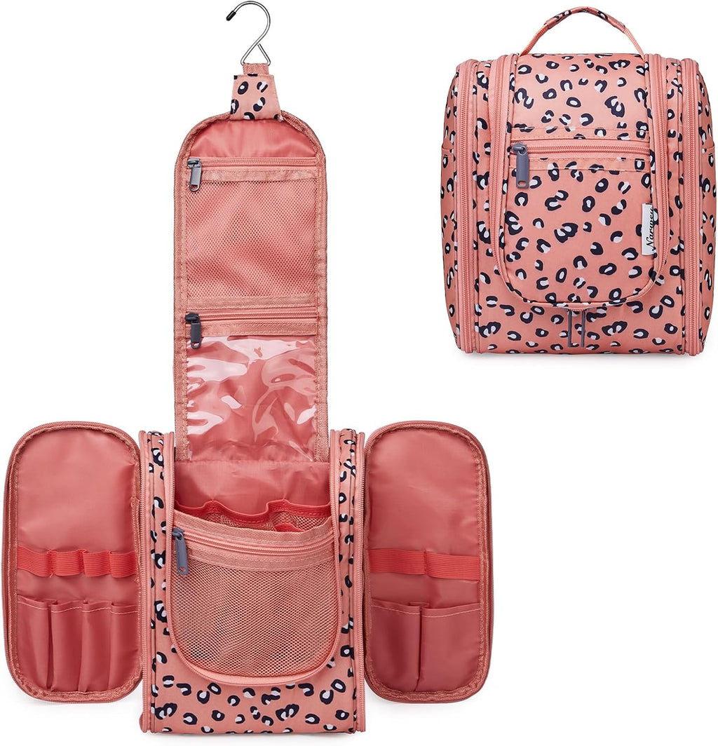 Narwey Small Hanging Cheetah Toiletry Bag Women Travel Makeup Bag Organizer Toiletries Bag for Travel Size Essentials Accessories Cosmetics (Medium, Orange Leopard)