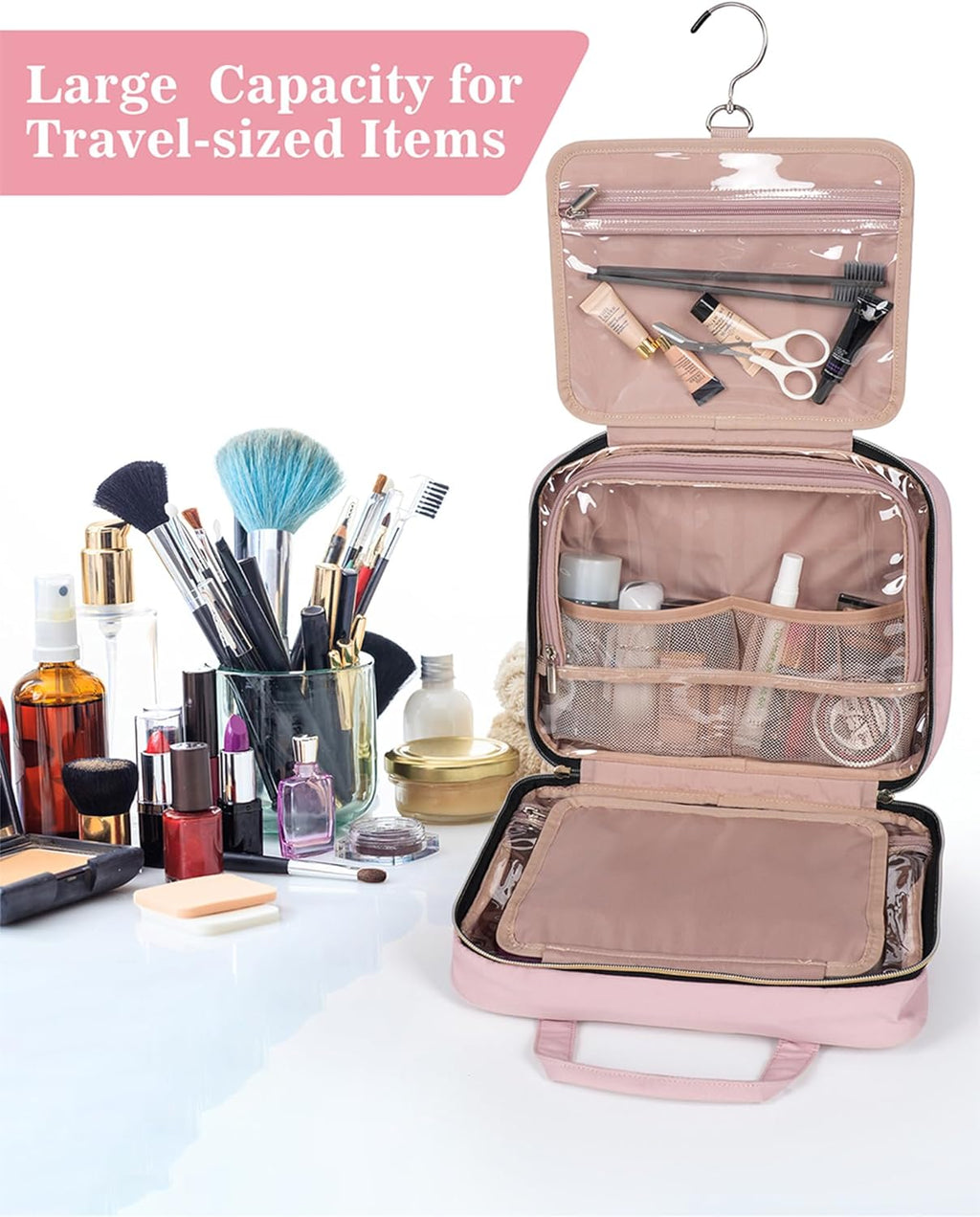 Toiletry Bag for Women, Travel Toiletry Bag with Hanging Hook Makeup Organizer, Waterproof Large Capacity Travel Bag for Accessories, Shampoo, Full Sized Container, Toiletries,Pink