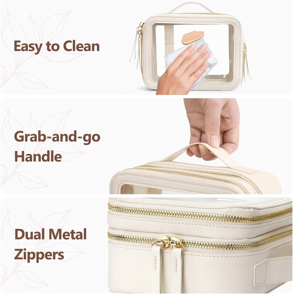 PACKISM Double Layer Clear Makeup Bag - Pebbled Texture & Hard PU Leather Car Bag Organizer for Car Essentials, with Message Card Travel Cosmetic Bag for Women Gift (Cream 2 Layer)