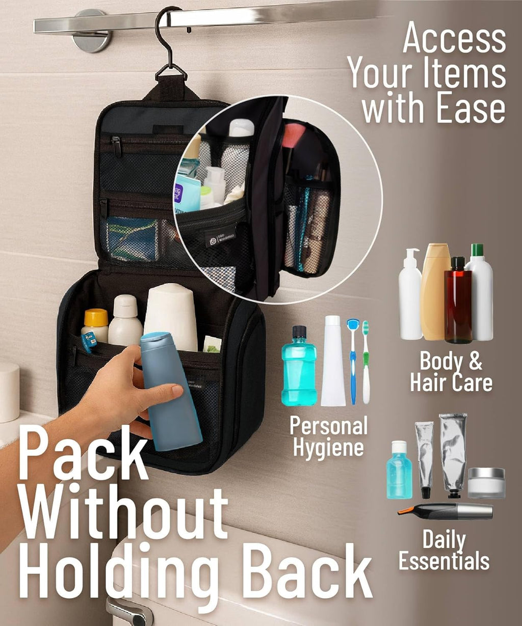 D&D Hanging Travel Toiletry Bag for Men and Women – Large Cosmetics, Makeup and Toiletries Organizer Kit with 10 Compartments, YKK Zippers, XXL Metal Swivel Hook, Water-Resistant Nylon