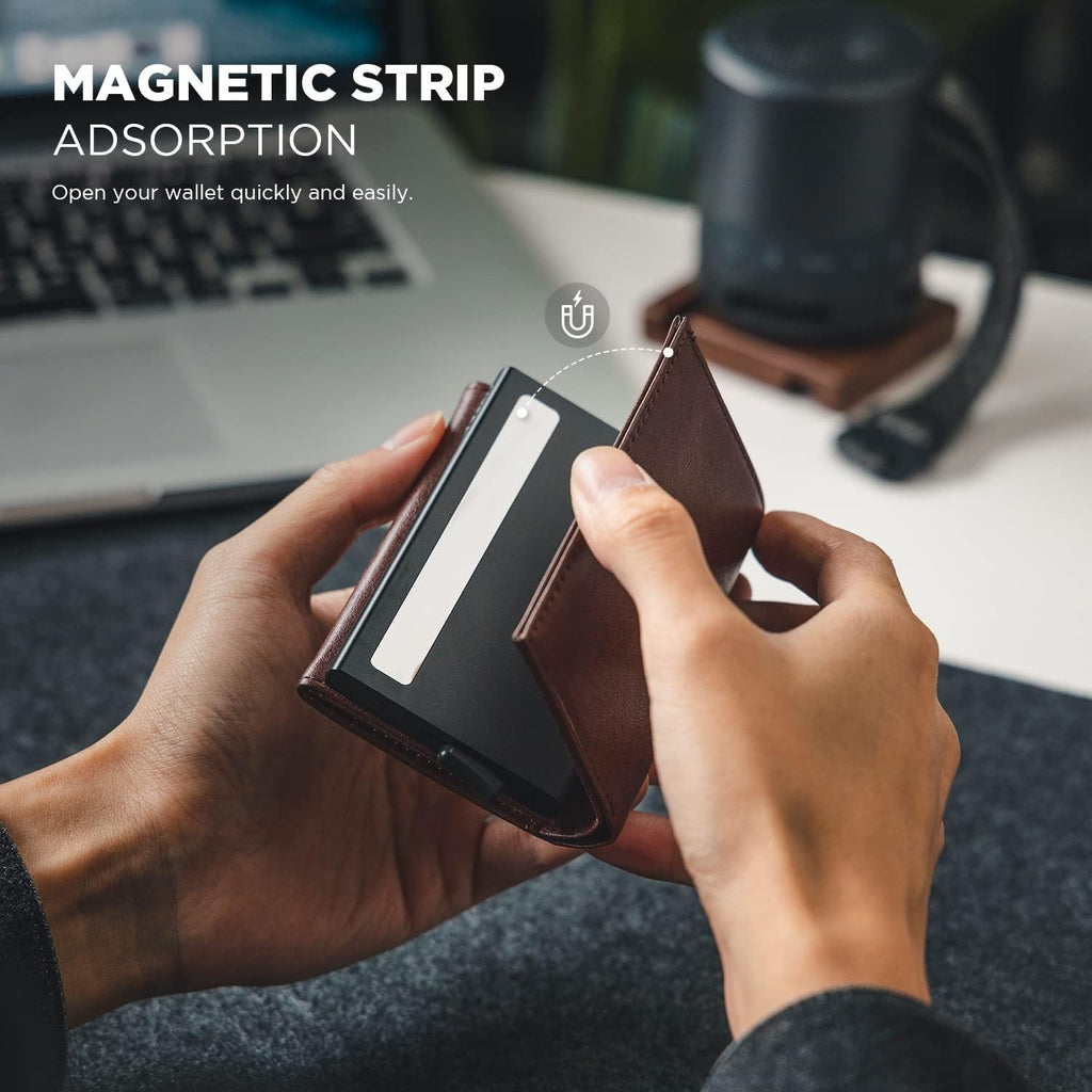 VULKIT Pop up Card Wallet Minimalist Cash Wallets RFID Blocking Leather Smart Credit Card Holder with ID window for Men(Espresso)