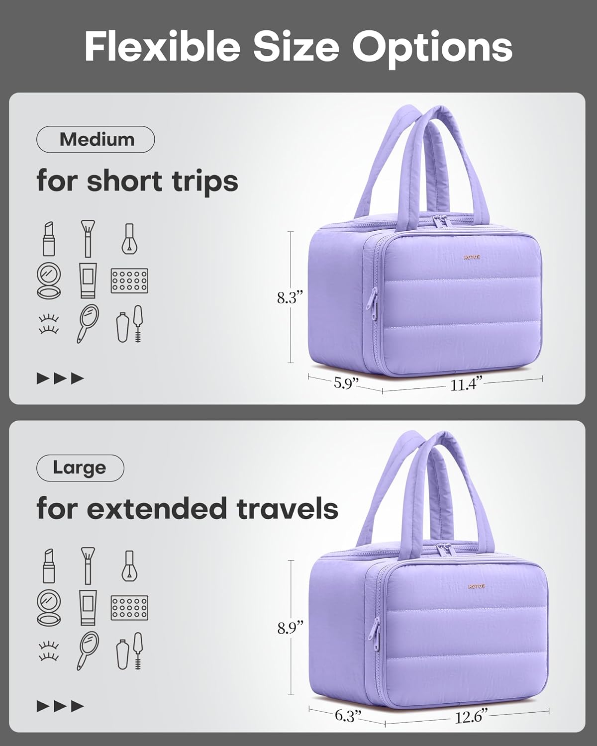 HOTOR Travel Toiletry Bag - Wide-Open Toiletry Bag for Women, Multi-Pocket Makeup Bag for Travel Essentials, Wet & Dry Separation Travel Accessories for Trip, Gym, 11.4" x 5.9" x 8.3", Purple